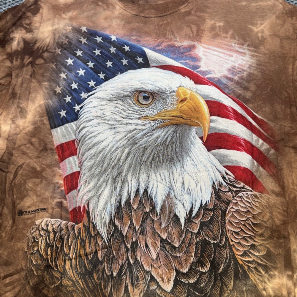 The Mountain Bald Eagle American Flag Brown Tie Dye Graphic T-Shirt Mens Large